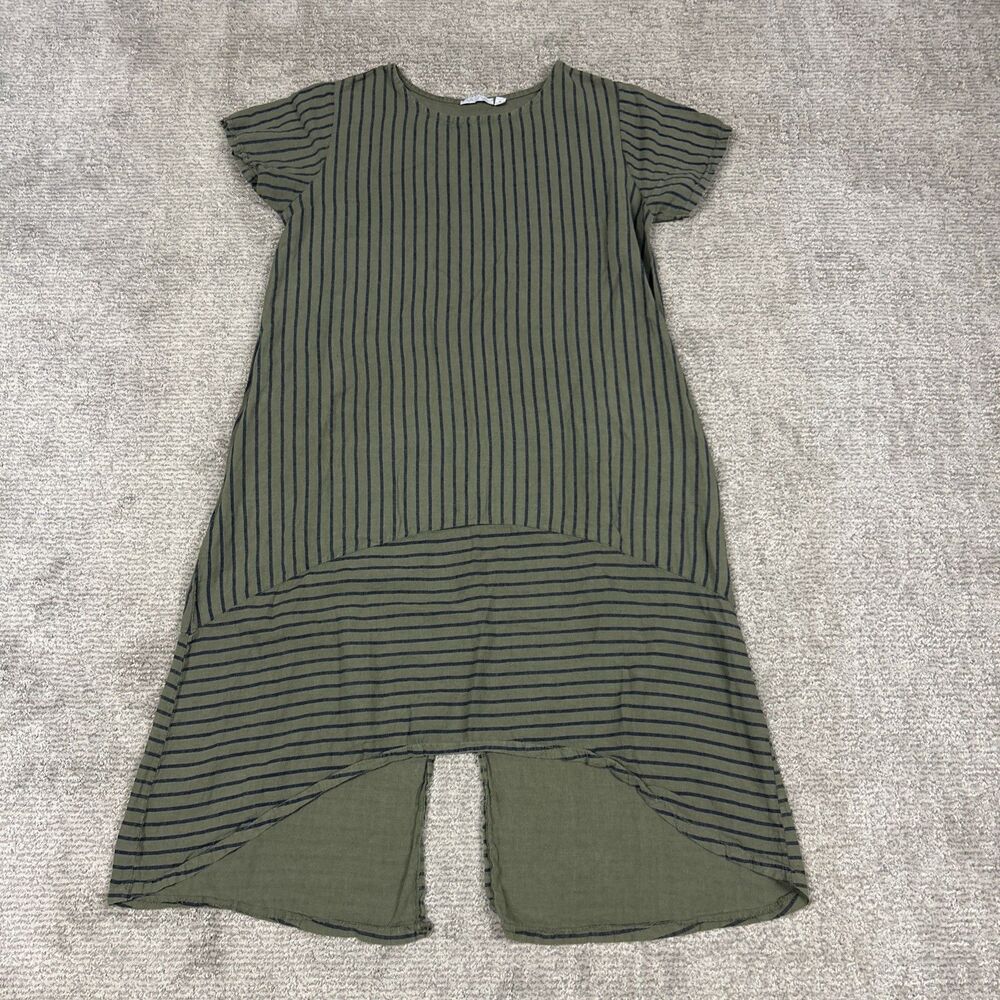 Vasna Dress Womens Medium Linen Striped Green Blue Lagenlook Pockets Midi